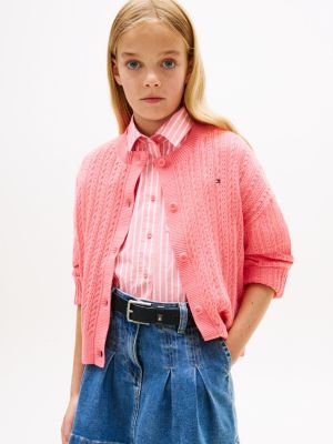 Kids' Cable Knit Pointelle Cardigan, Tropical Blush