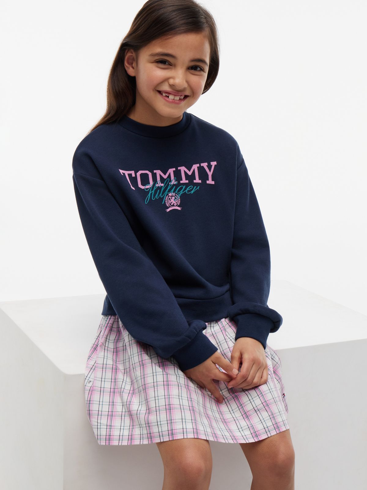 Kids' Sweatshirt Combo Dress — Navy Check