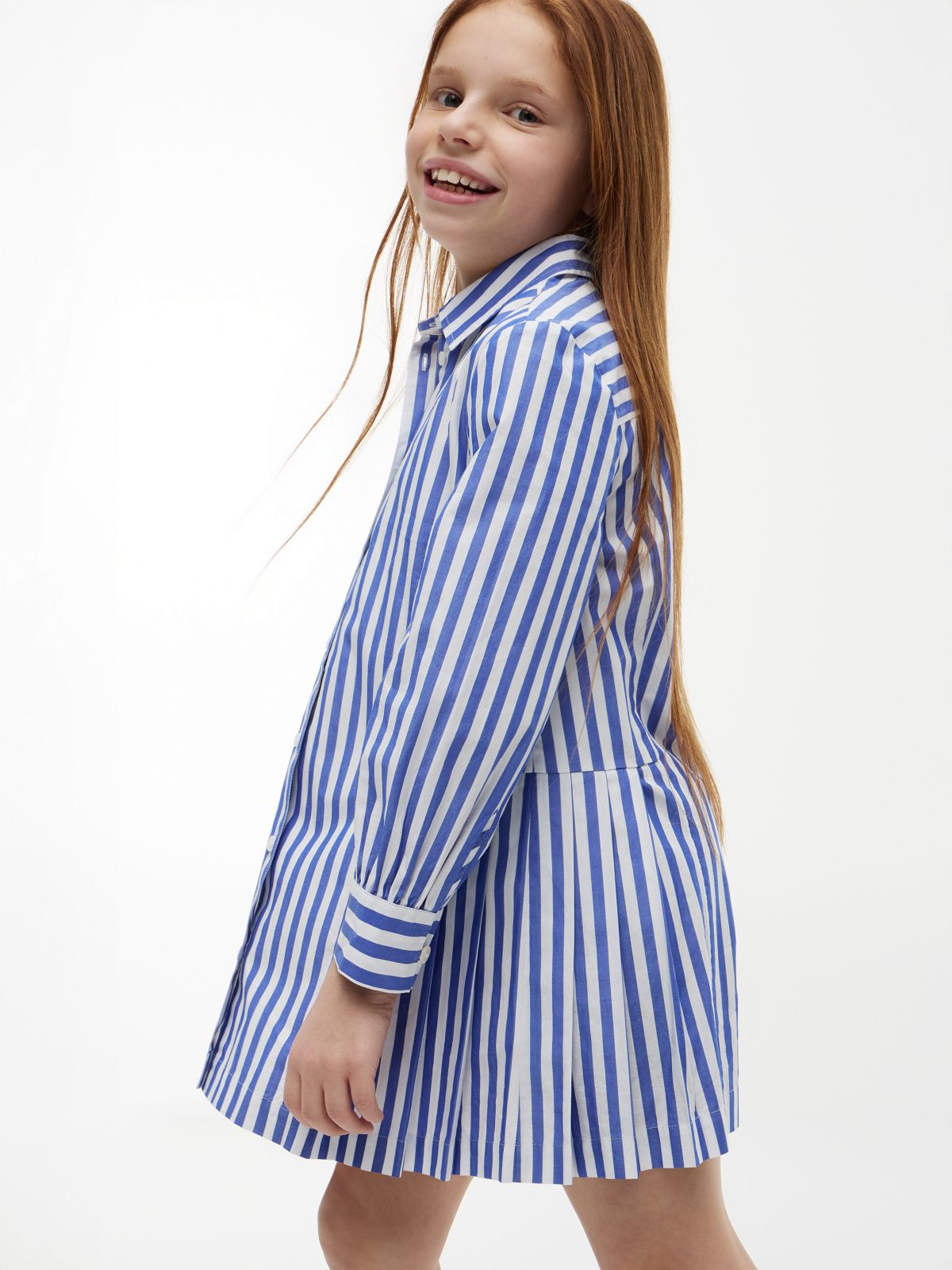 Kids' Striped Pleated Shirtdress — Noble Blue