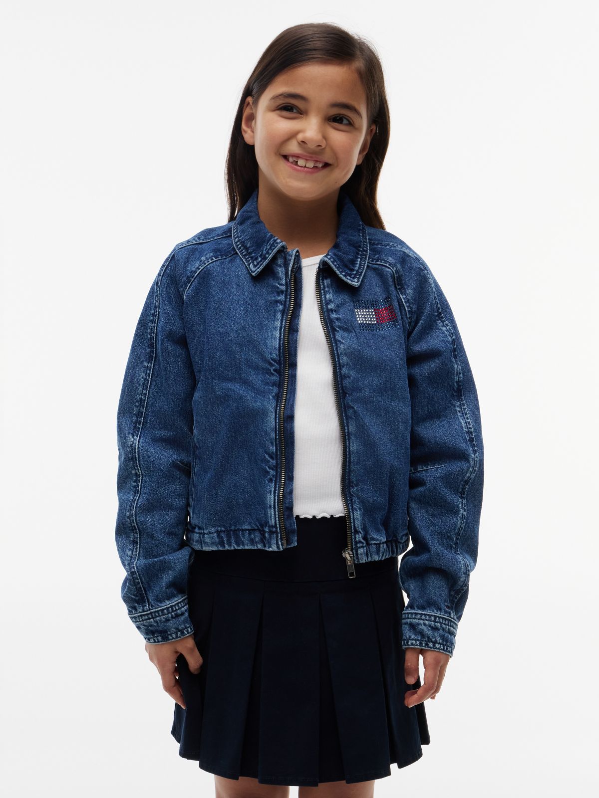 Kids' Rhinestone Flag Zip Denim Jacket — Medium Denim