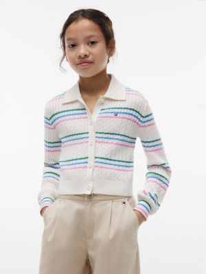 Kids' Cable Knit Polo Cardigan, Ivory Silk Stripes