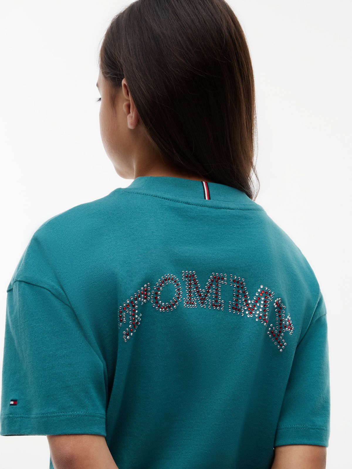 Kids' Tommy Logo Rhinestone Flag T-Shirt — Platinum Teal