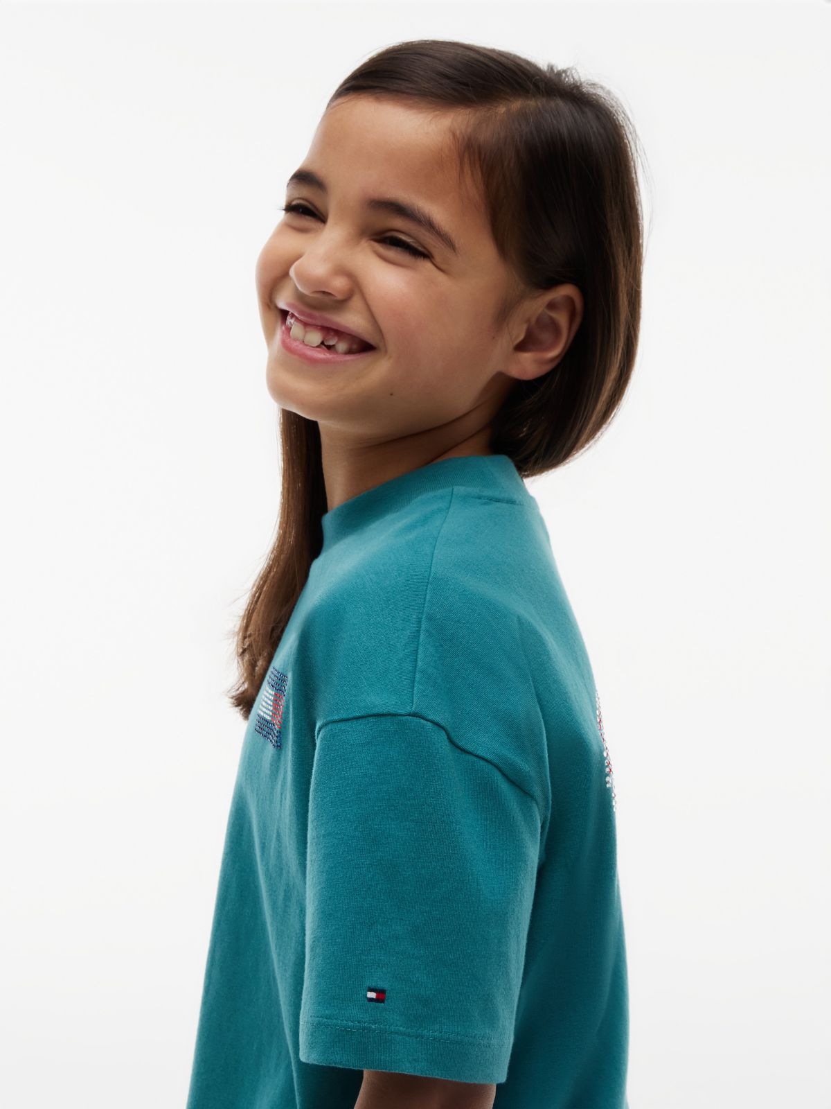 Kids' Tommy Logo Rhinestone Flag T-Shirt — Platinum Teal