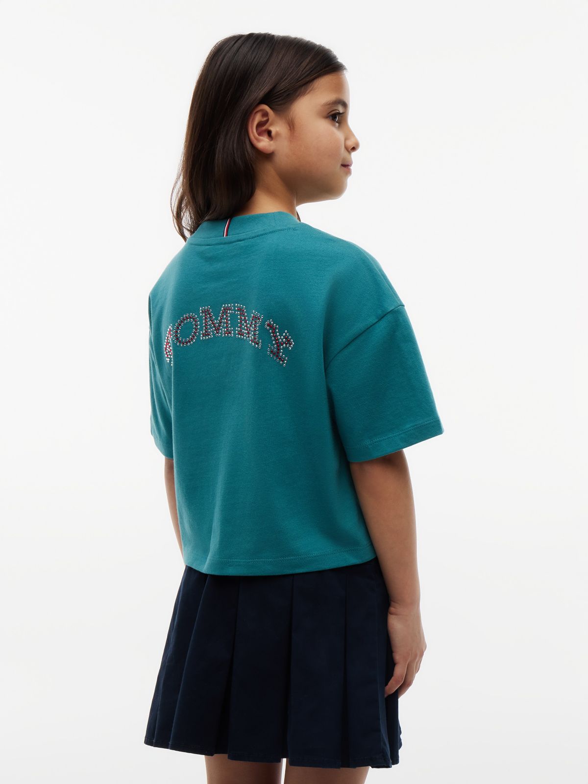 Kids' Tommy Logo Rhinestone Flag T-Shirt — Platinum Teal