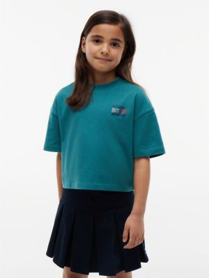 Kids' Tommy Logo Rhinestone Flag T-Shirt, Platinum Teal