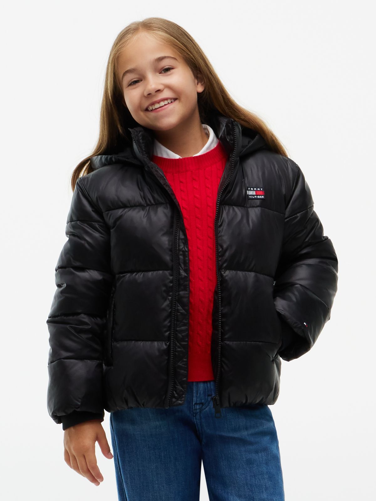Kids' Shiny Hooded Puffer Jacket — Black
