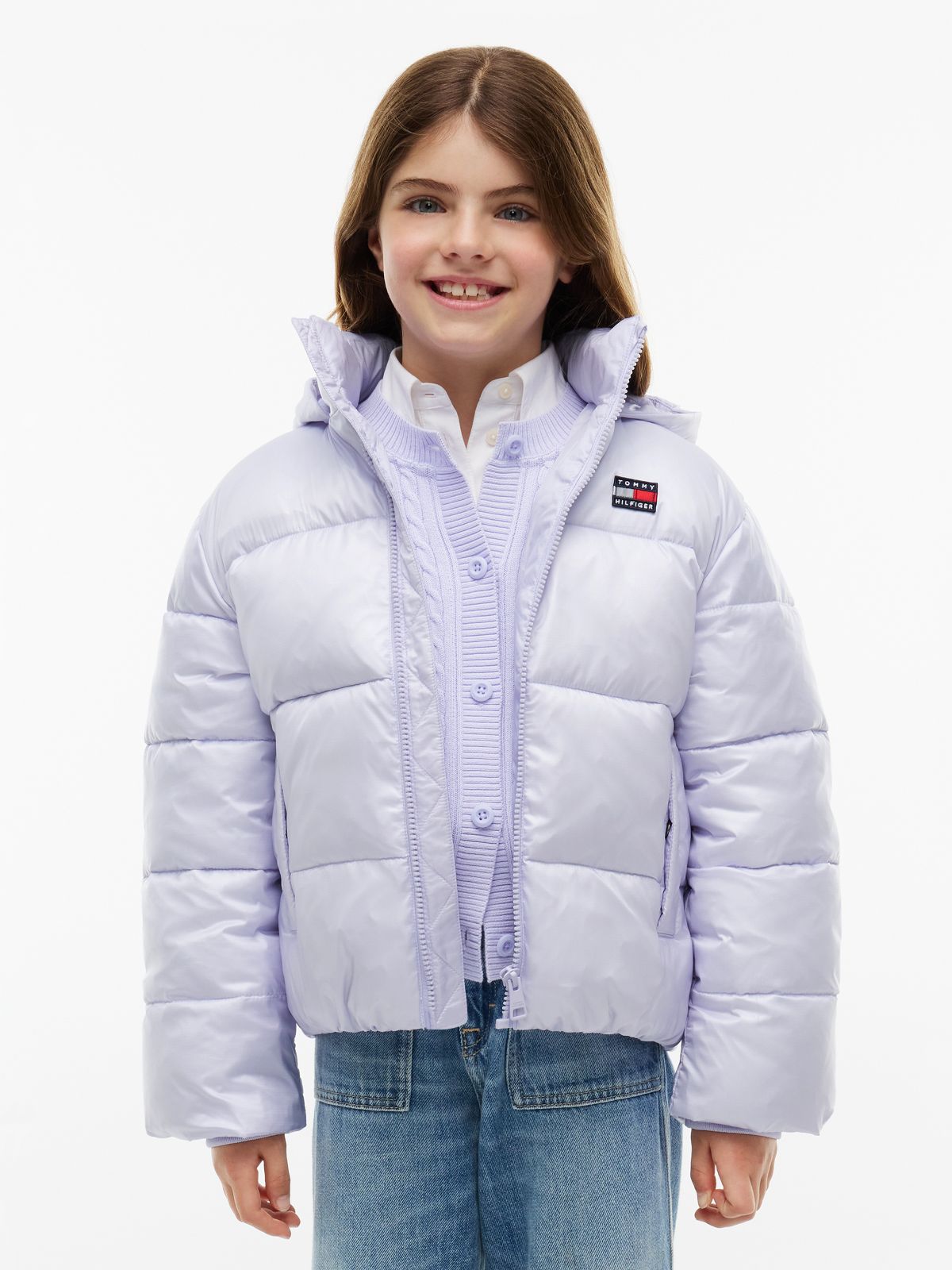Kids' Shiny Hooded Puffer Jacket — Lavender Ice