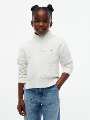 Kids' Star Motif Chenille Sweater, Ivory Petal