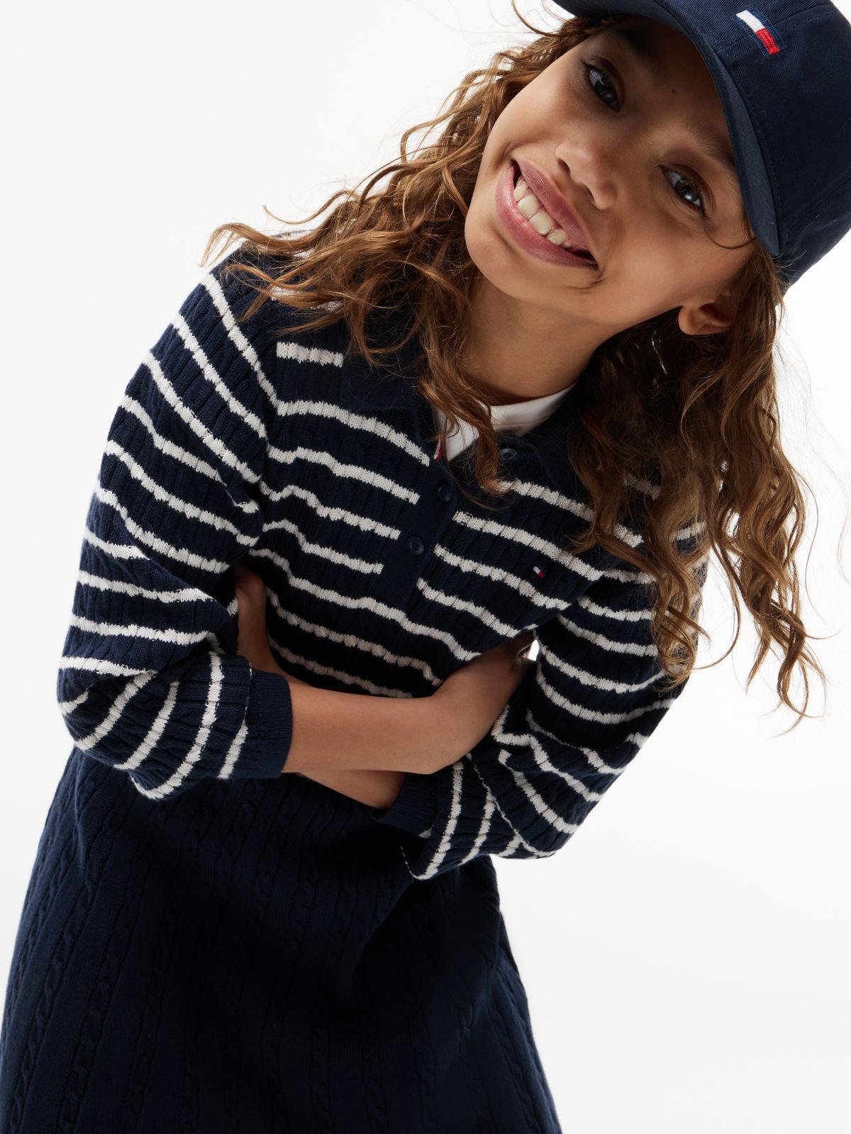 Kids' Striped Cable Knit Sweater Dress — Navy