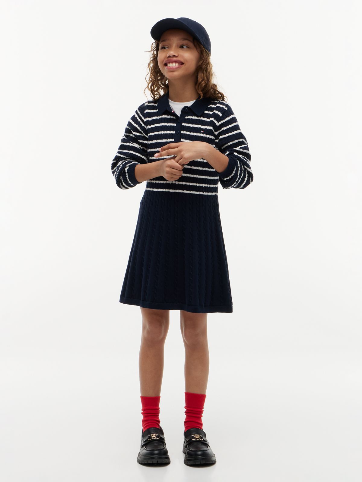 Kids' Striped Cable Knit Sweater Dress — Navy