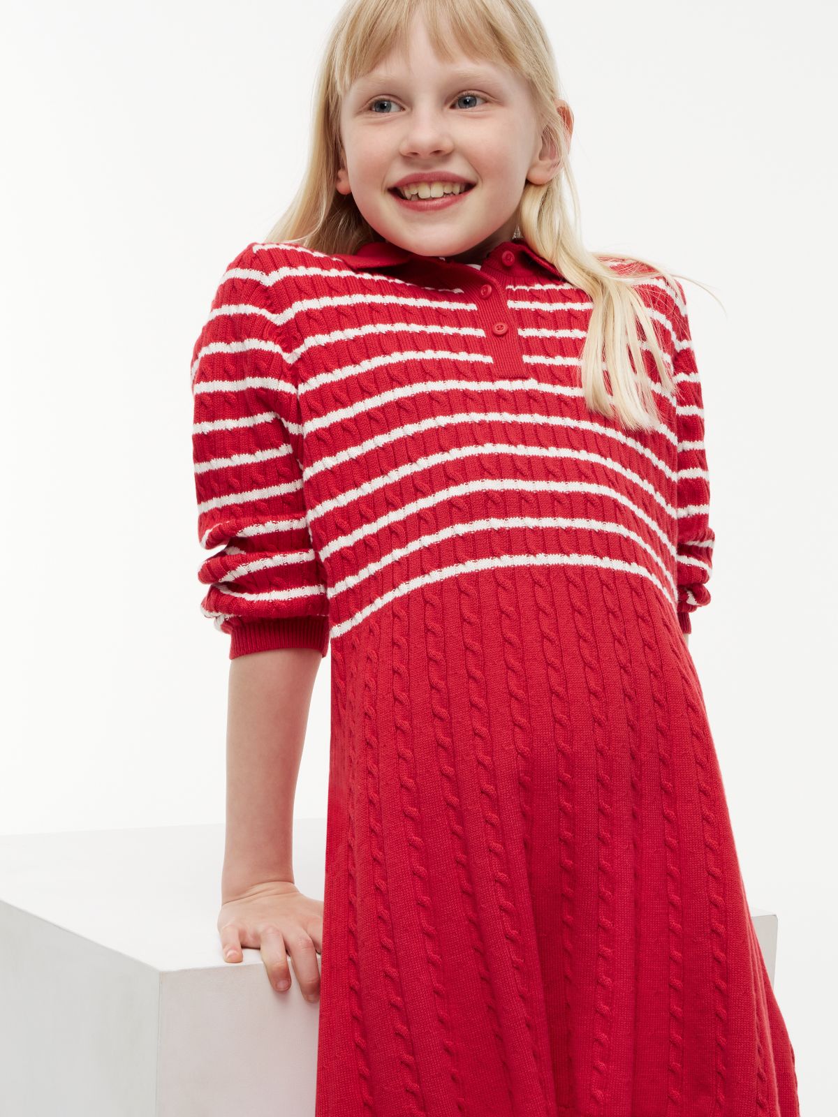 Kids' Striped Cable Knit Sweater Dress — Red