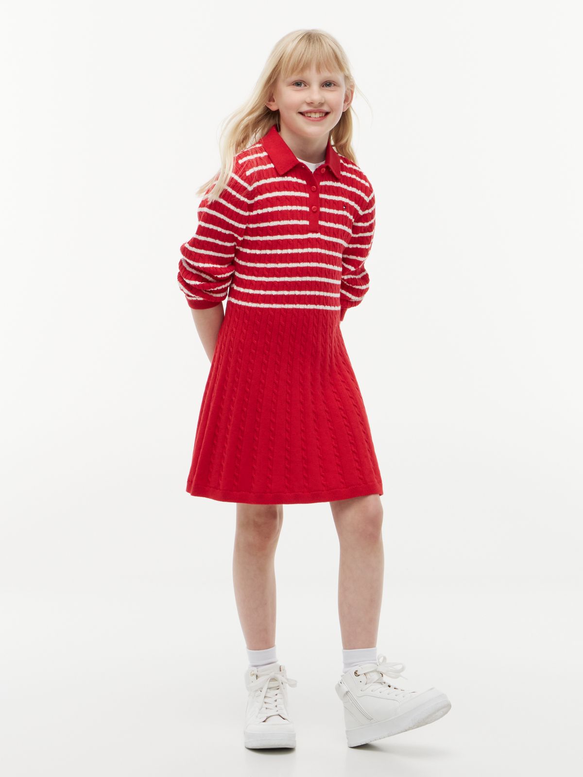 Kids' Striped Cable Knit Sweater Dress — Red