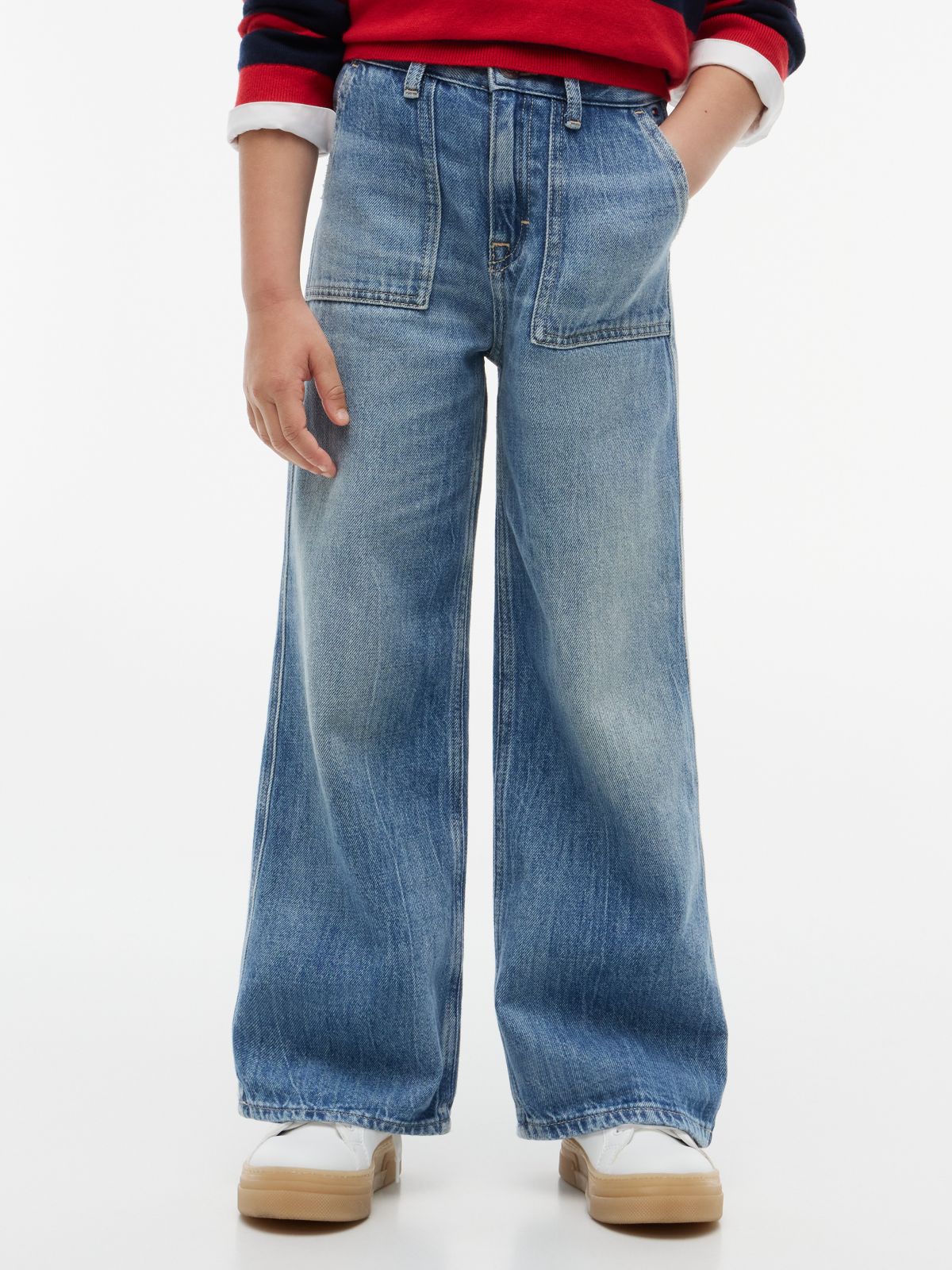 Kids' High-Rise Wide Leg Utility Jean — Washed Denim