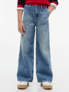 Kids' High-Rise Wide Leg Utility Jean — Washed Denim 2