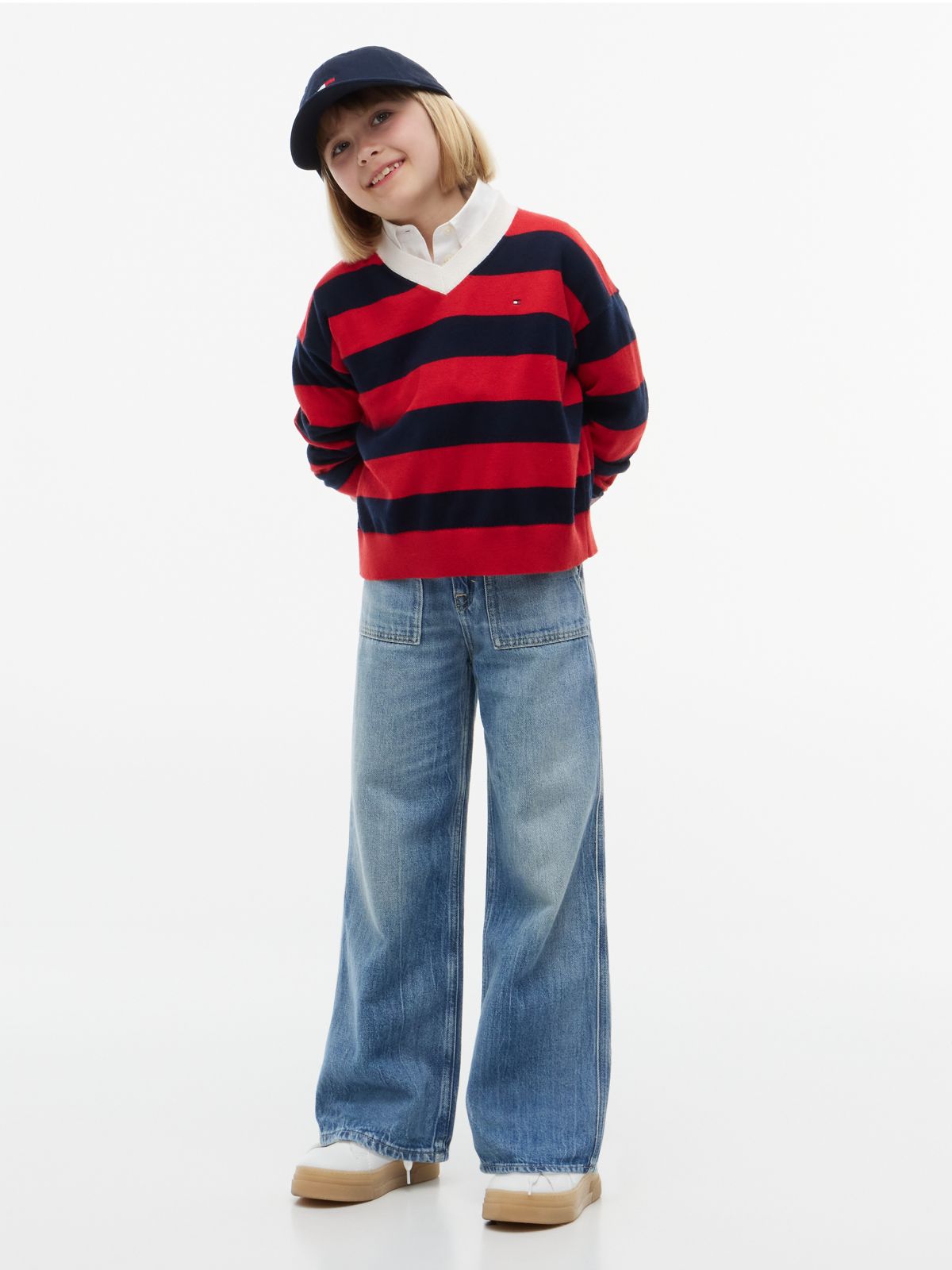 Kids' High-Rise Wide Leg Utility Jean — Washed Denim