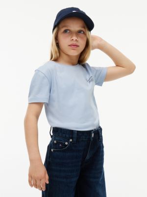 Kids' Hilfiger Script Logo T-Shirt, Sky Blue