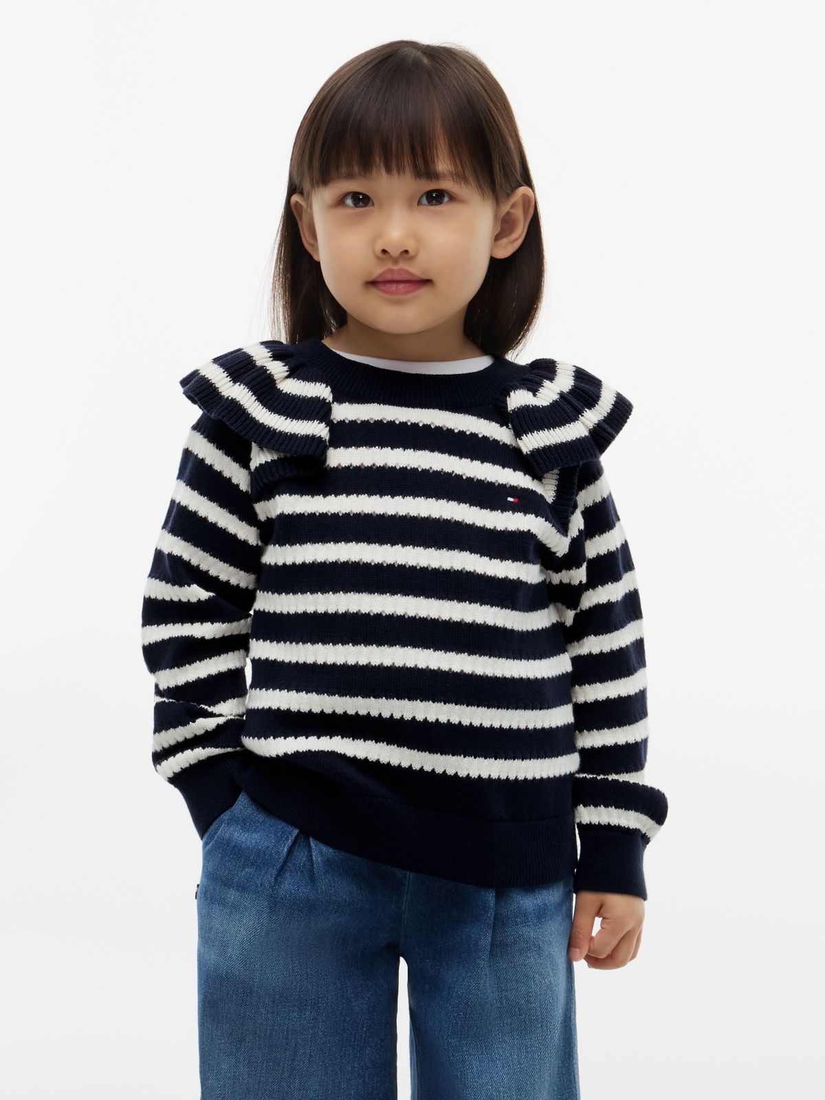 Kids' Striped Ruffle Sweater — Navy Stripe