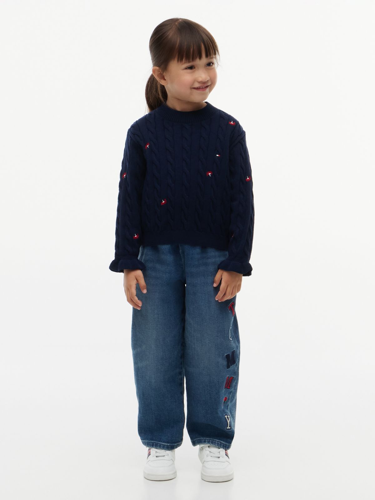 Kids' Flower Motif Cable Knit Sweater — Dark Blue
