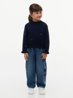 Kids' Flower Motif Cable Knit Sweater — Dark Blue 2