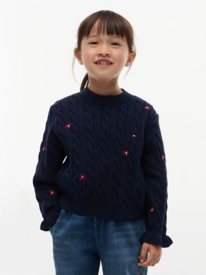 Kids' Flower Motif Cable Knit Sweater, Dark Blue
