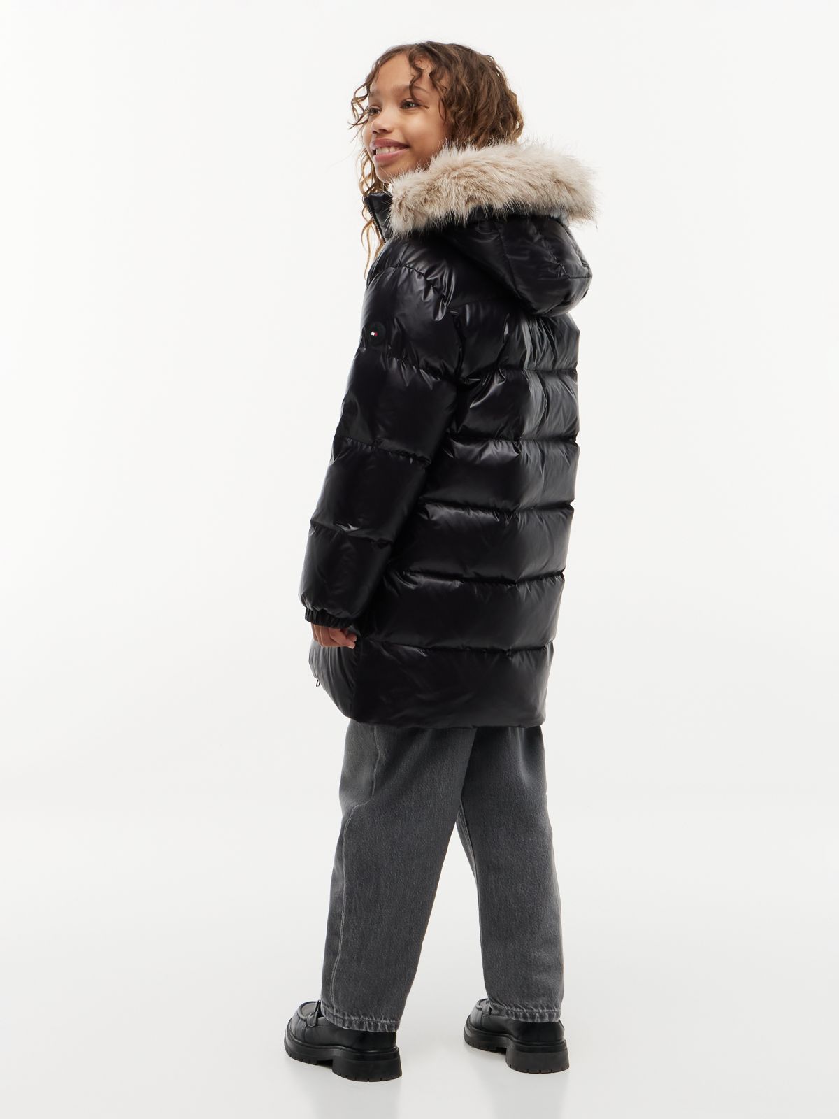 Kids' Long Hooded Down Puffer Jacket — Black