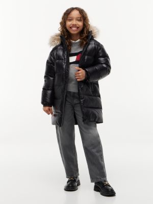 Kids' Long Hooded Down Puffer Jacket, Black