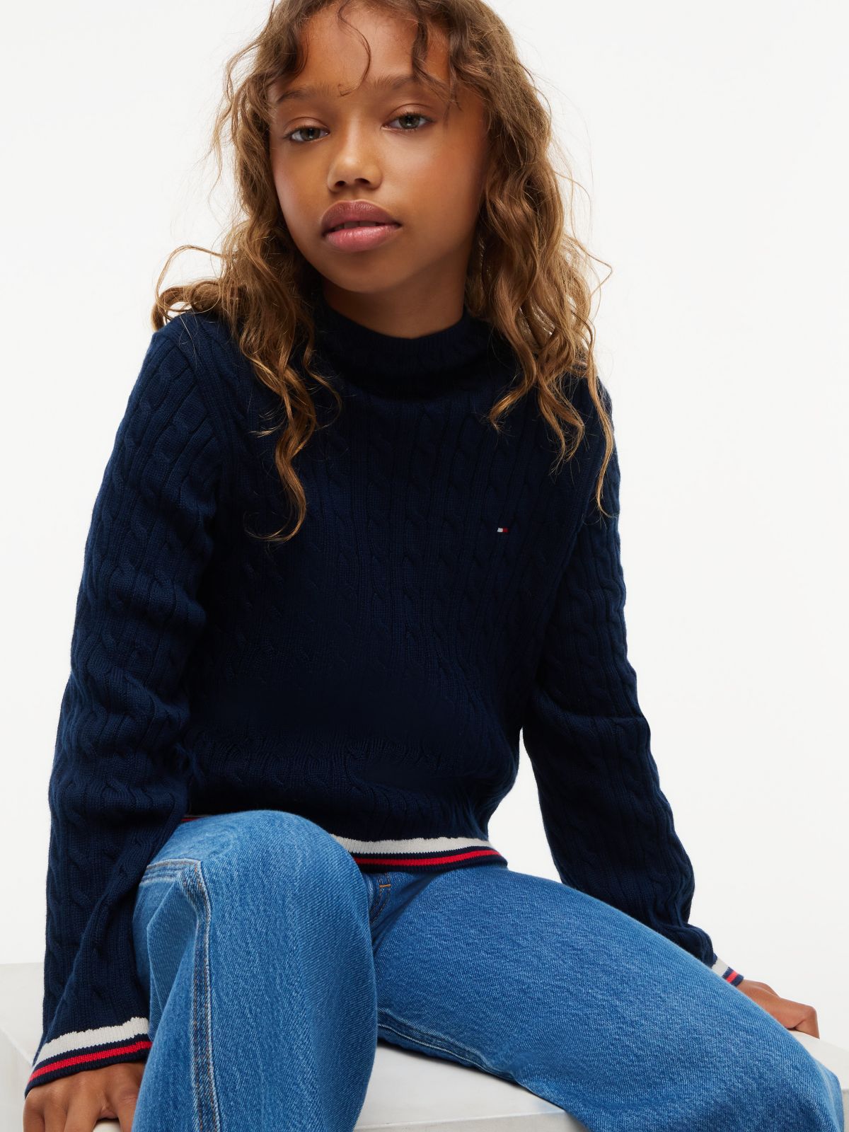 Kids' Cable Knit Mockneck Sweater — Dark Blue