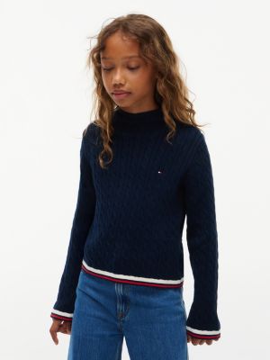 Kids' Cable Knit Mockneck Sweater, Dark Blue