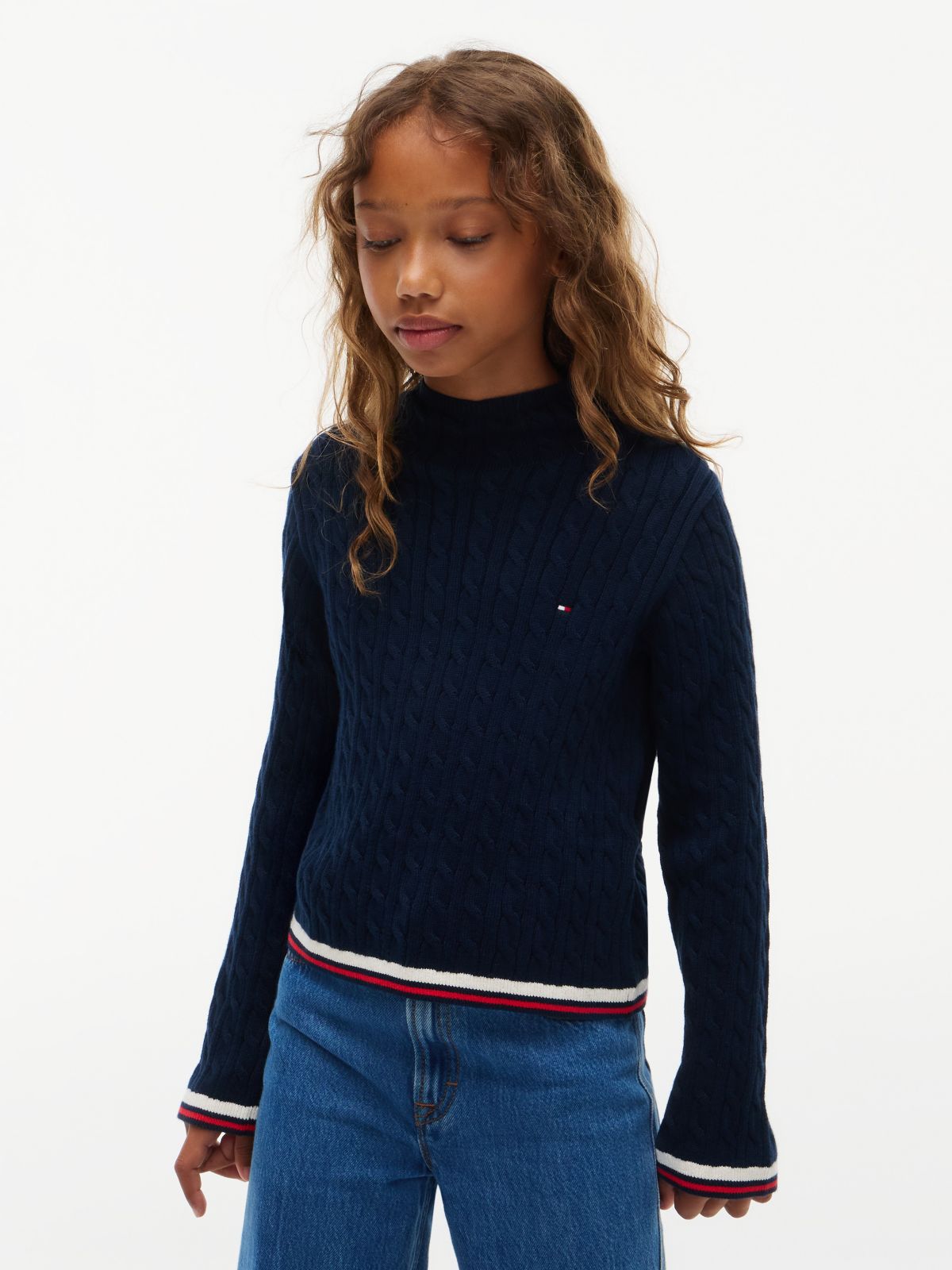 Kids' Cable Knit Mockneck Sweater — Dark Blue