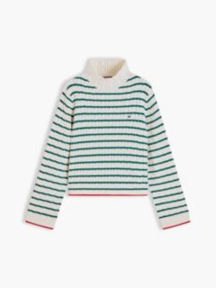 Kids' Cable Knit Mockneck Sweater — Rural Green Stripe 5
