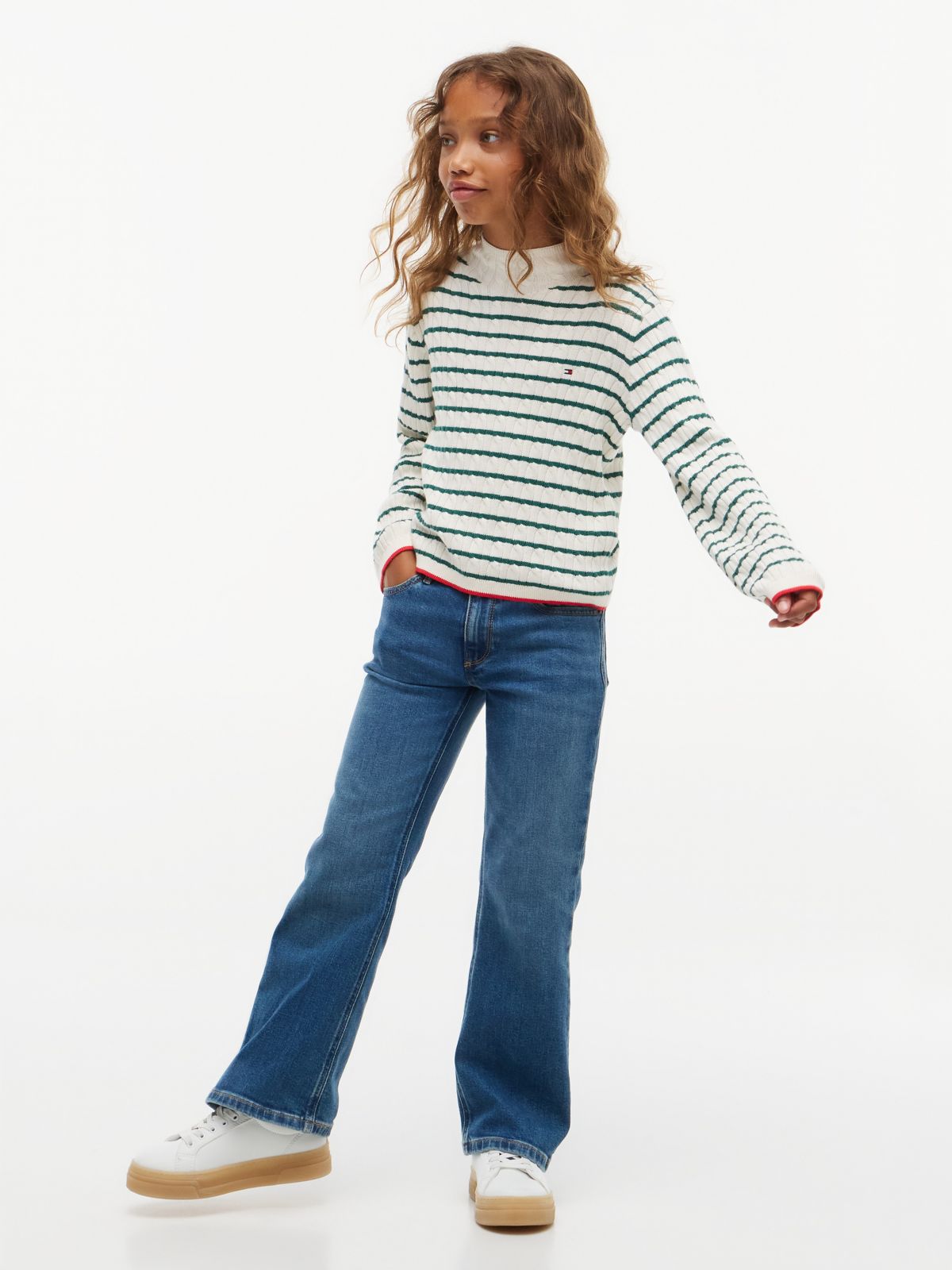 Kids' Cable Knit Mockneck Sweater — Rural Green Stripe