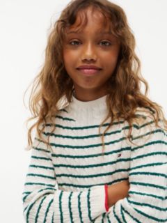 Kids' Cable Knit Mockneck Sweater — Rural Green Stripe 3