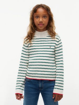 Kids' Cable Knit Mockneck Sweater, Rural Green Stripe