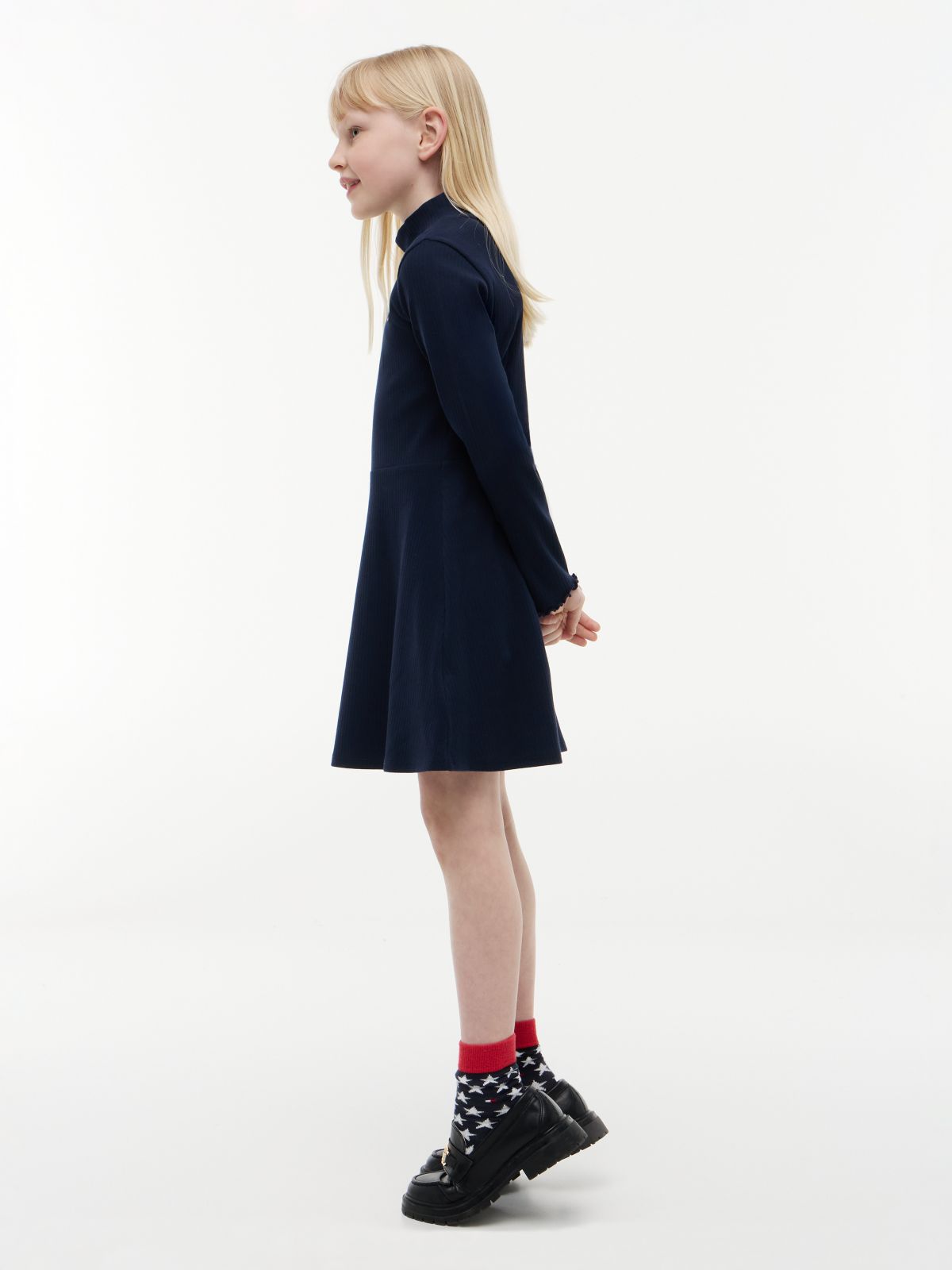 Kids' Stretchy Mockneck Skater Dress — Dark Blue