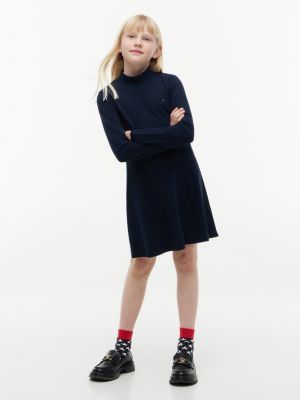 Kids' Stretchy Mockneck Skater Dress, Dark Blue