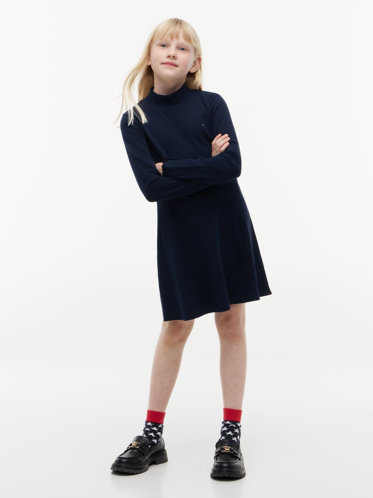 Kids' Stretchy Mockneck Skater Dress — Dark Blue