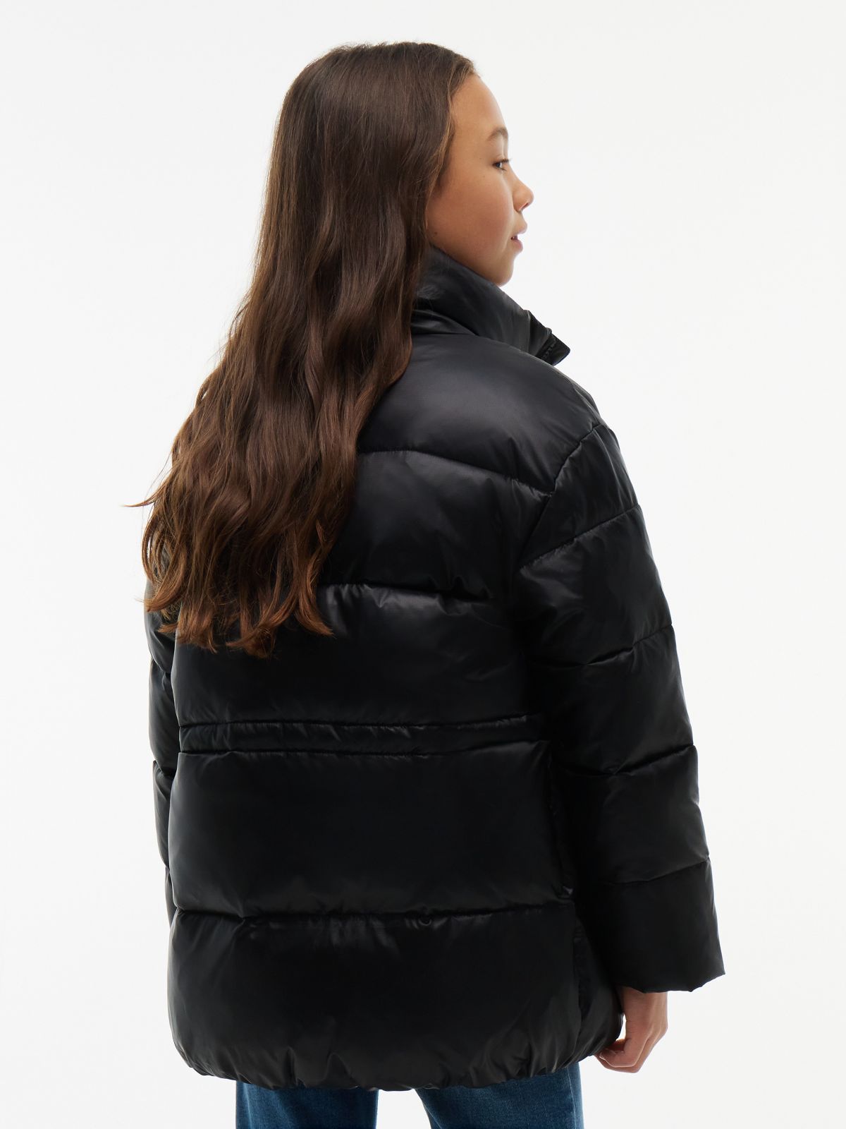 Kids' Shiny Mid-Length Puffer Jacket — Black