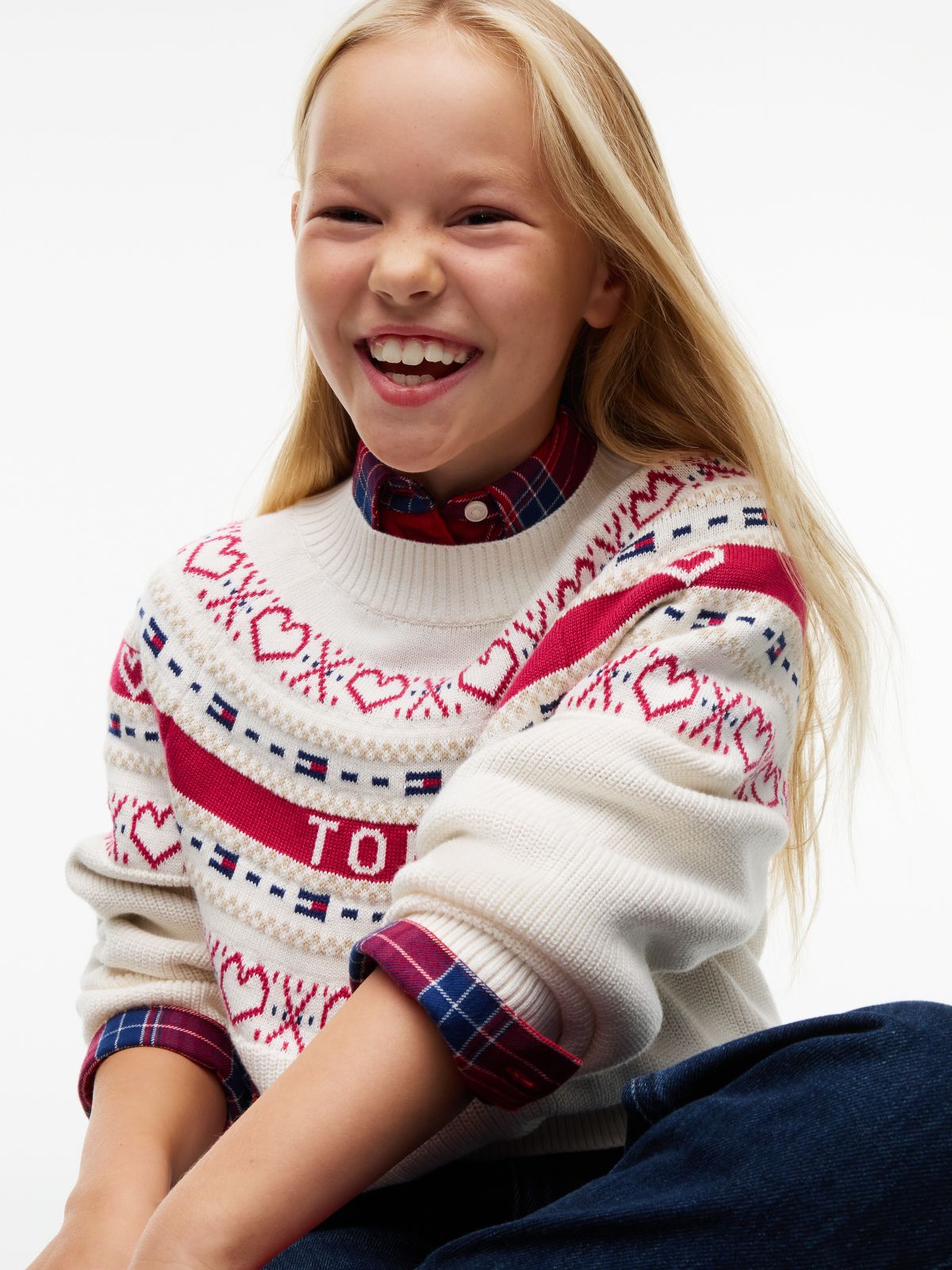Kids' Intarsia Heart & Flag Logo Sweater — Ivory Petal