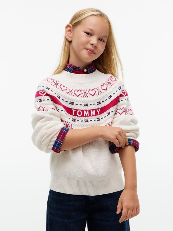 Kids' Intarsia Heart & Flag Logo Sweater — Ivory Petal