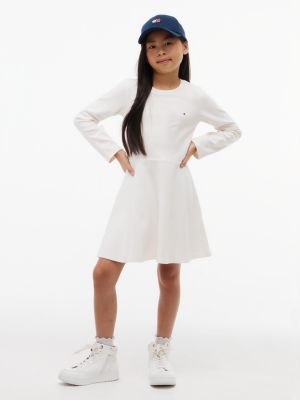 Kids' Textured Ribbed Skater Dress, White