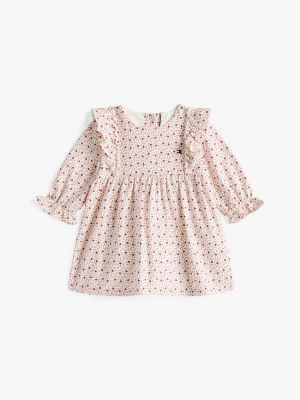 Babies' Floral Print Ruffle Dress, Ivory Silk
