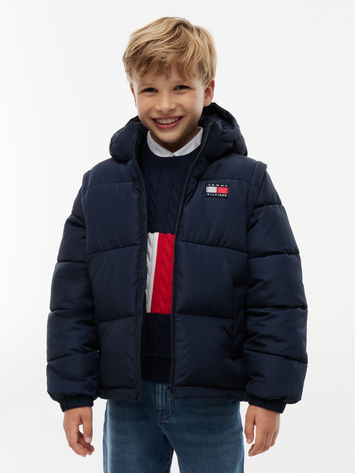 Kids' Classic Badge Logo Hooded Puffer — Dark Blue