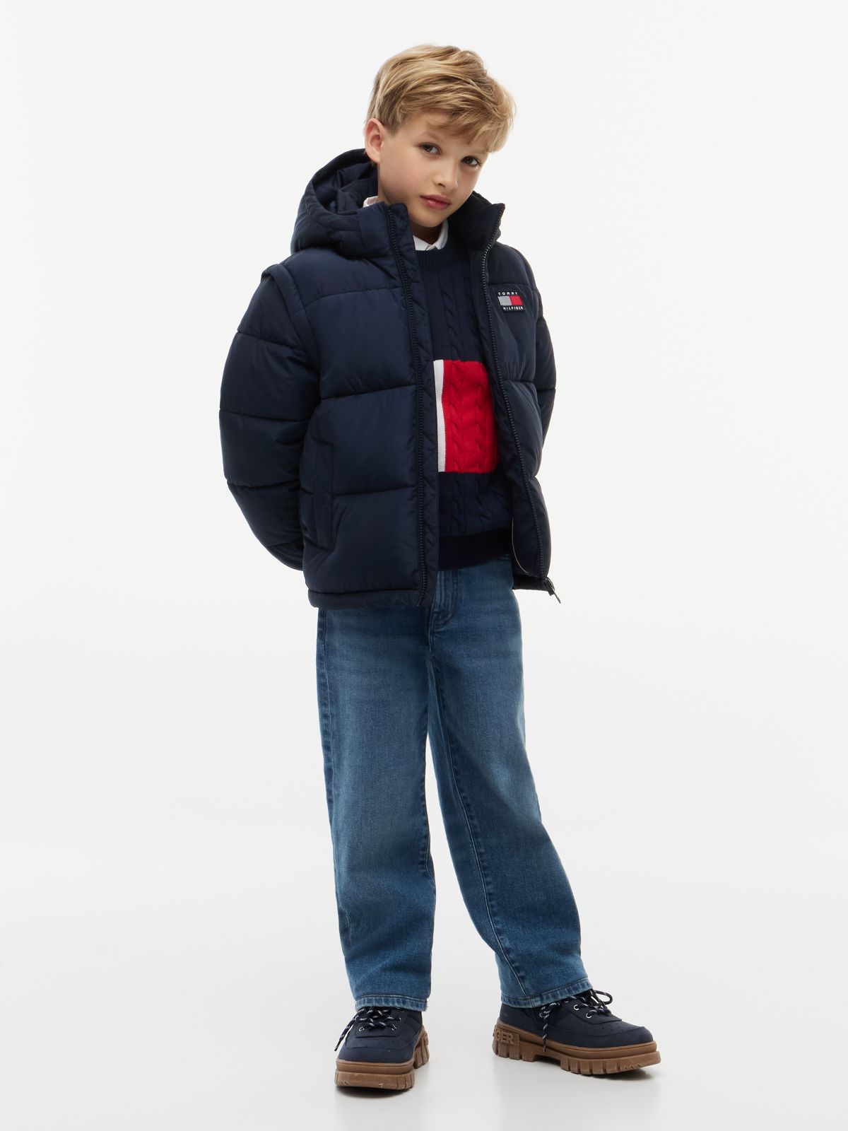 Kids' Classic Badge Logo Hooded Puffer — Dark Blue