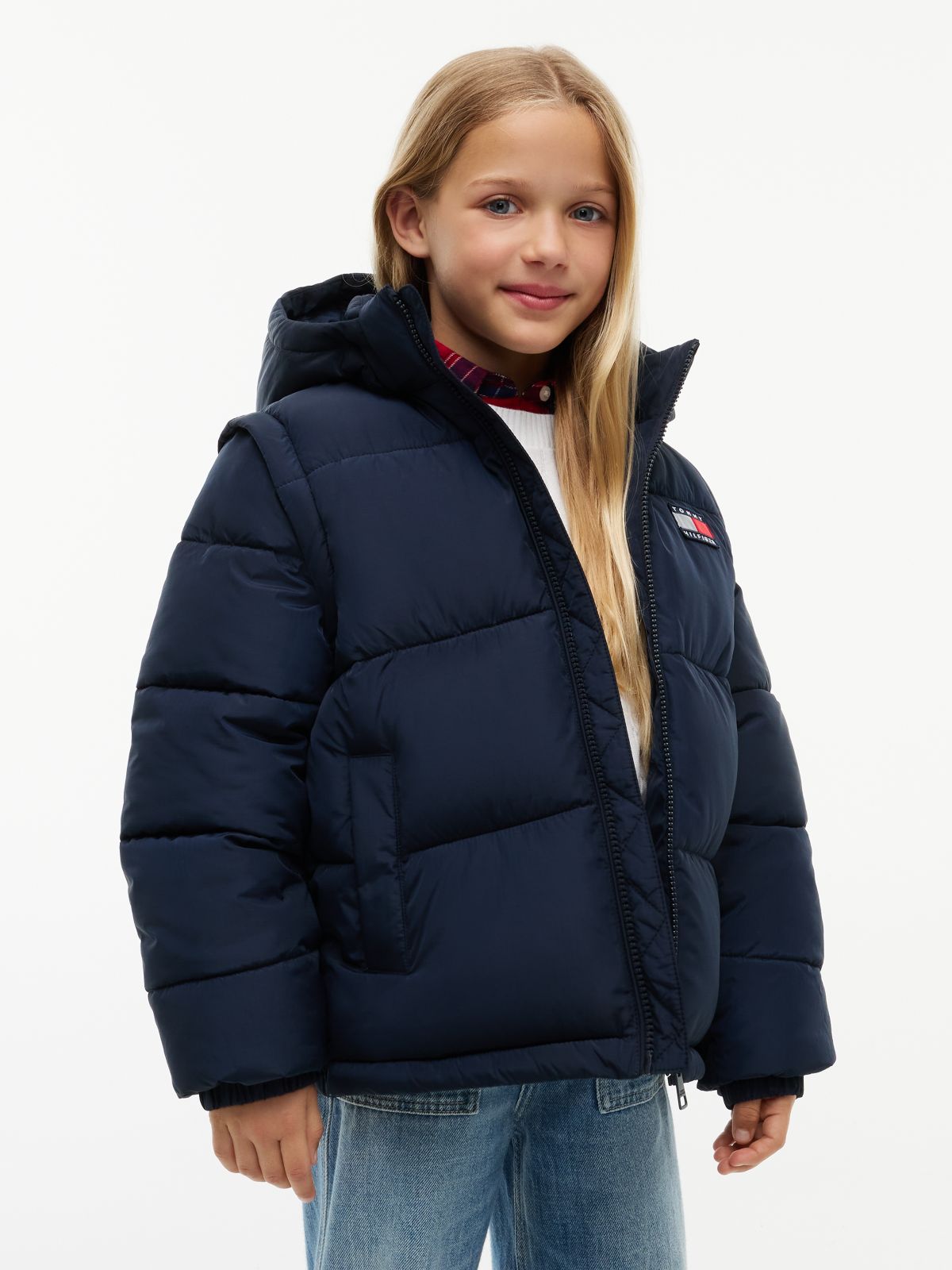 Kids' Classic Badge Logo Hooded Puffer — Dark Blue
