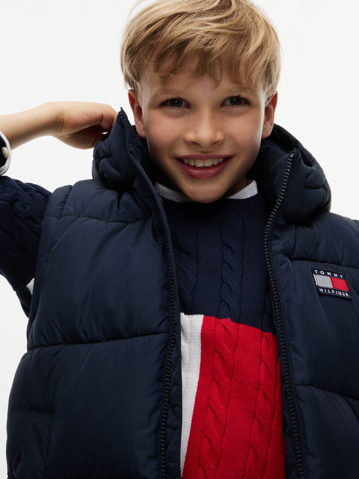 Kids' Classic Badge Logo Hooded Puffer — Dark Blue
