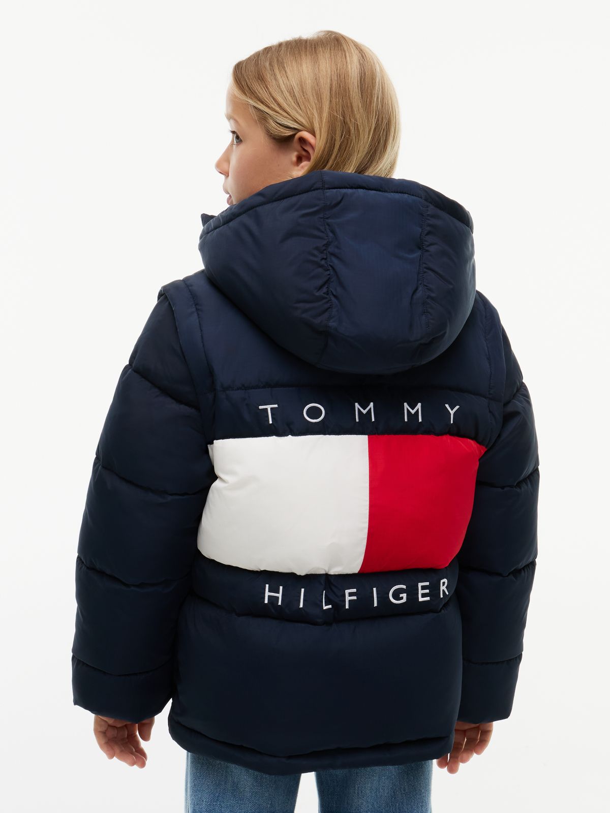 Kids' Classic Badge Logo Hooded Puffer — Dark Blue