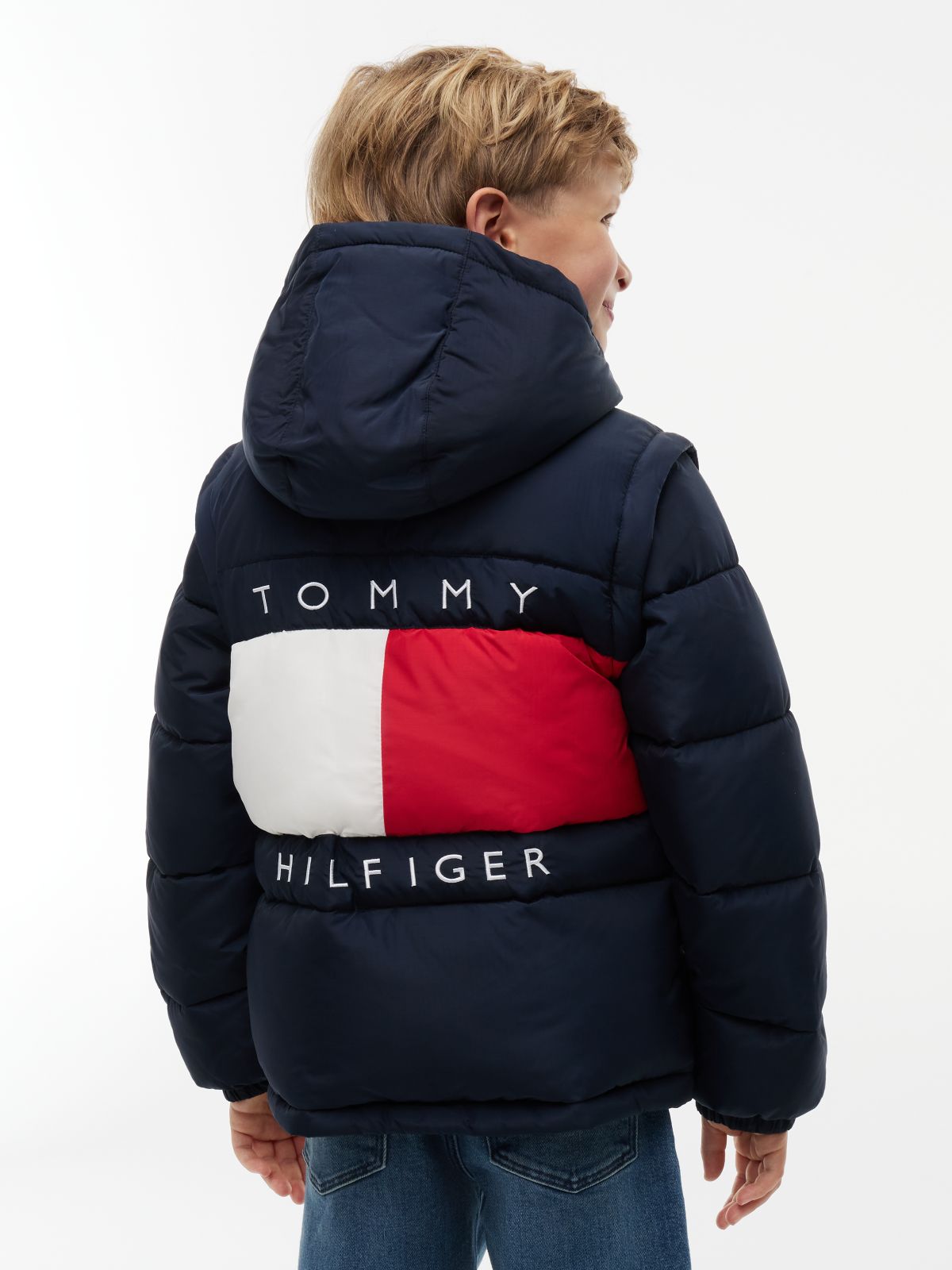 Kids' Classic Badge Logo Hooded Puffer — Dark Blue