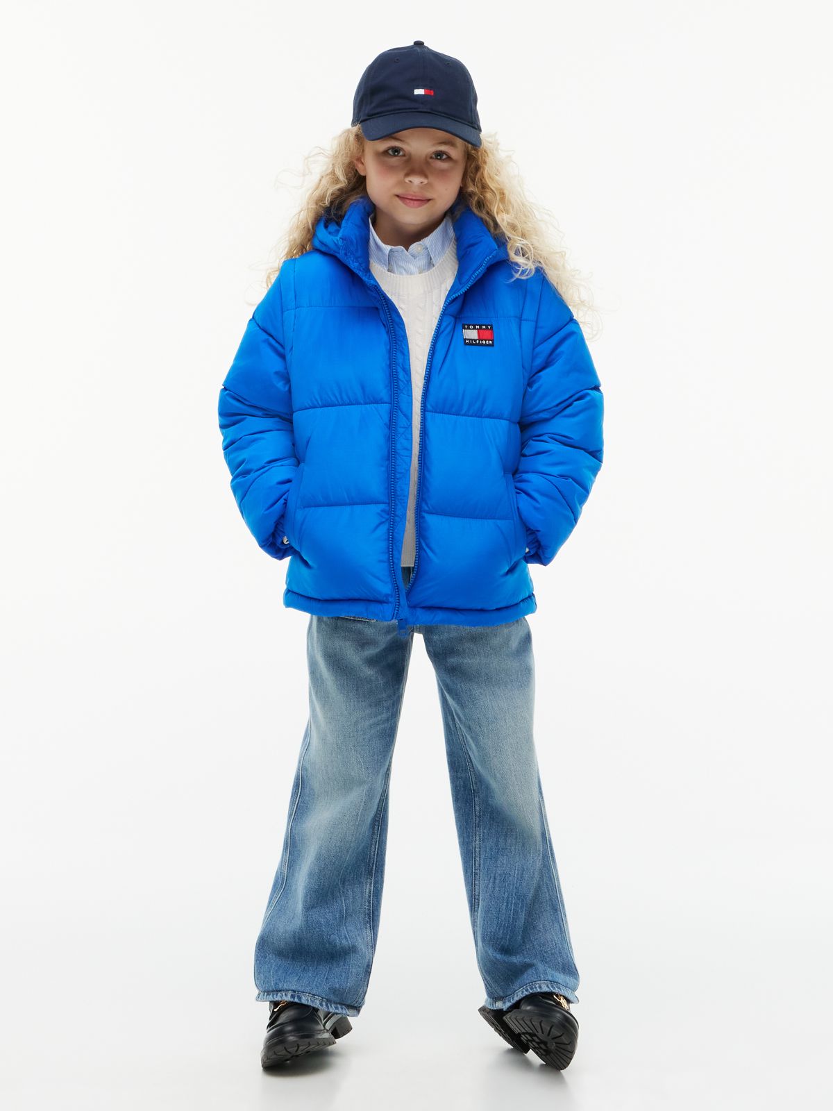 Kids' Classic Badge Logo Hooded Puffer — Vibrant Blue
