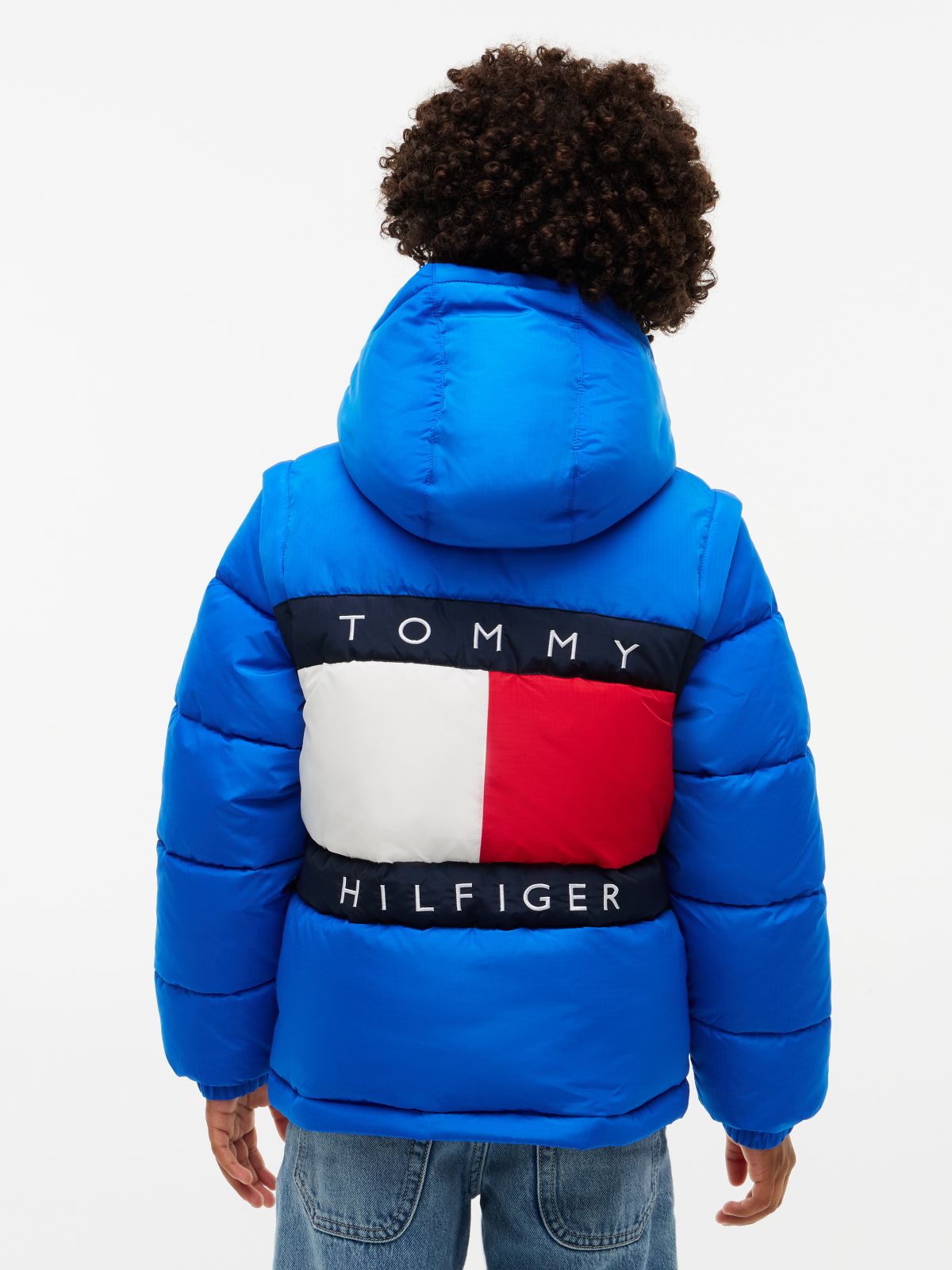 Kids' Classic Badge Logo Hooded Puffer — Vibrant Blue