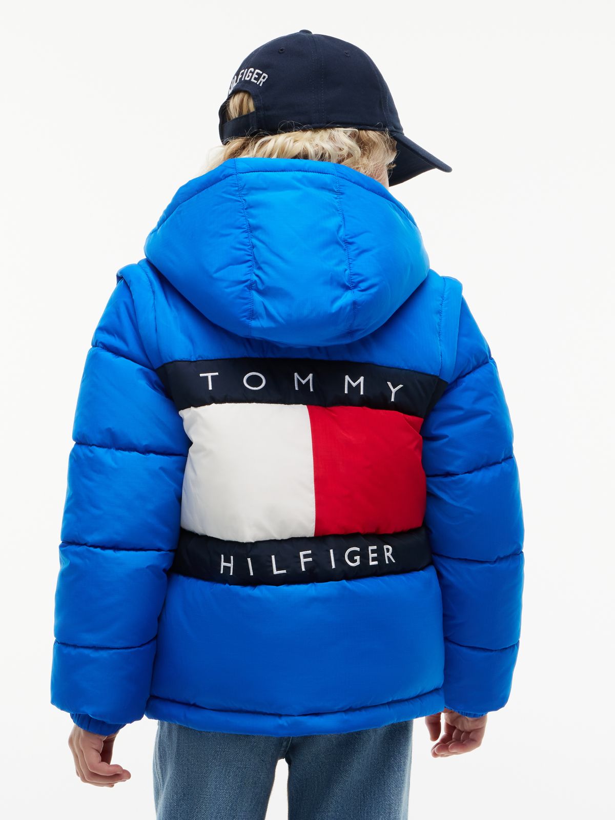 Kids' Classic Badge Logo Hooded Puffer — Vibrant Blue